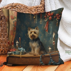 Heirloom Yorkie Pillow, Renaissance Charm, Deep Emerald and Gold, Yorkshire Terrier Lover Gift, PR0606, Insert Included image 6