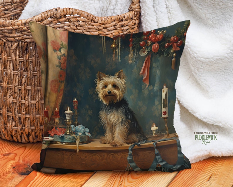 Heirloom Yorkie Pillow, Renaissance Charm, Deep Emerald and Gold, Yorkshire Terrier Lover Gift, PR0606, Insert Included image 6