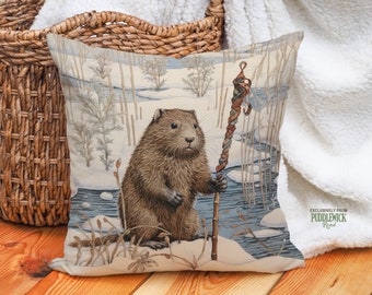 Rustikales Winter Beaver Kissen, Hütte Dekor Beige Blau, Cottagecore Bauernhaus Winter Dekoration, Geschenk für Naturliebhaber, PR0526, inklusive Kissenfüllung