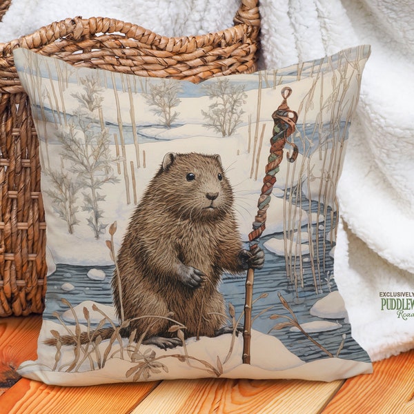 Rustic Winter Beaver Pillow, Lodge Decor Beige Blue, Cottagecore Farmhouse Winter Decor, Nature Lover Gift, PR0526, Insert Included