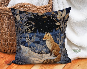 Winter Night Fox Pillow, Enchanted Forest, Farmhouse Cottagecore Chic Cushion, Navy Gold Cream, Fox Lover Gift, #PR0579, Insert Included