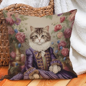Regal Cat in Purple Dress Pillow Pink Blue Green Floral Baroque French Toile, Shabby Chic & Traditional Home Decor, PR0092, Insert Included image 7
