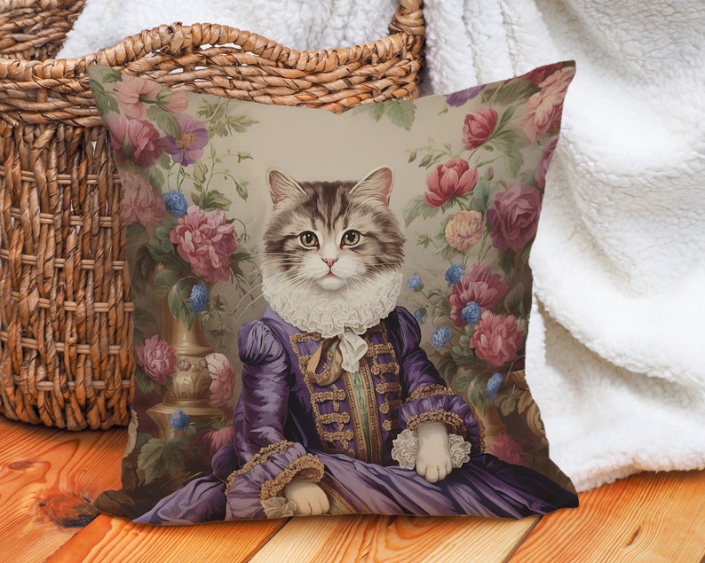 Regal Cat in Purple Dress Pillow Pink Blue Green Floral Baroque French Toile, Shabby Chic & Traditional Home Decor, PR0092, Insert Included image 7