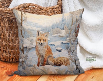 Frost Whisper Fox Charm Pillow, Peaceful Winter Woodland Cottagecore Decor, Ice Blue White, Fox Lover Gift, #PR0580, Insert Included