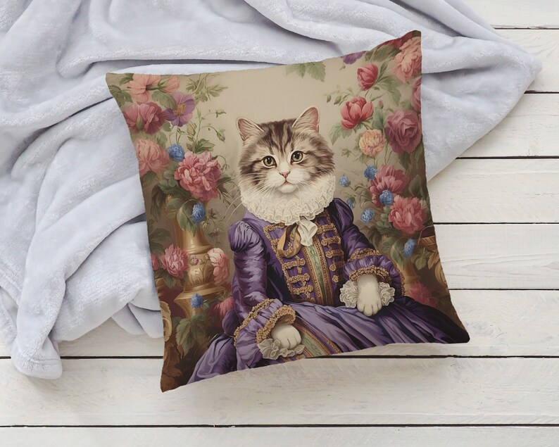 Regal Cat in Purple Dress Pillow Pink Blue Green Floral Baroque French Toile, Shabby Chic & Traditional Home Decor, PR0092, Insert Included image 6