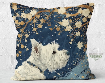 Westie Midnight Flora Pillow Navy Gold Botanical Elegance, West Highland White Terrier Lover Gift, #PR0802, Insert Included