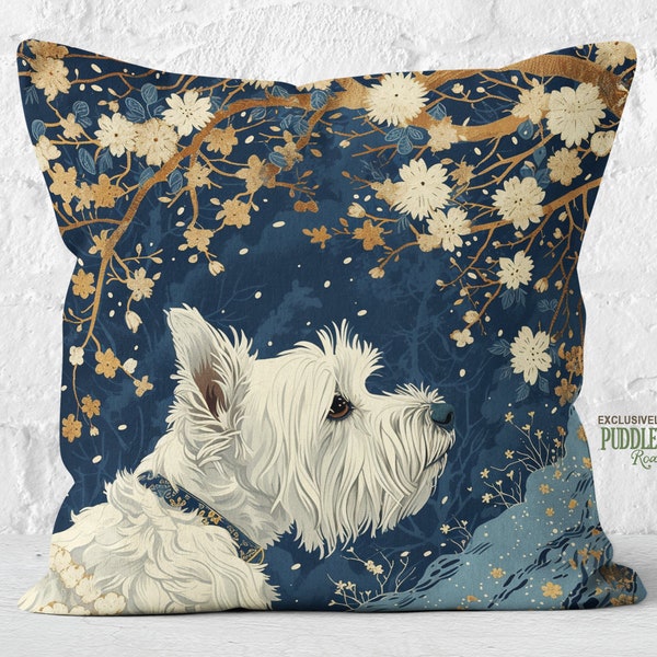 Westie Midnight Flora Pillow Navy Gold Botanical Elegance, West Highland White Terrier Lover Gift, #PR0802, Insert Included