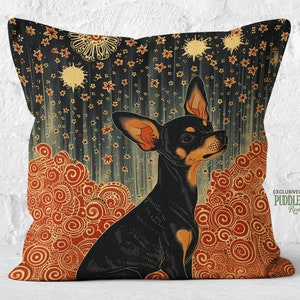 Stargazer Pup Pillow, Miniature Pinscher Ornate Night Cushion, Red Gold Bohemian Decor, Pincher Mom Gift, #PR0815, Insert Included