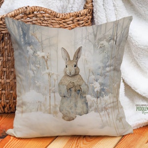 Rabbit Pillow - Winter Countryside Rabbit Pillow, Vintage Winter Whisper Beige Blue, Bunny Lover Gift, #PR0654, Insert Included