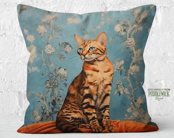 Levendige elegantie Bengaalse kat kussen, botanische elegantie in hemelsblauw en sienna, kattenliefhebber cadeau, invoegen inbegrepen, #PR0720