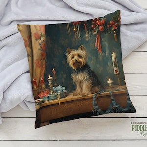 Heirloom Yorkie Pillow, Renaissance Charm, Deep Emerald and Gold, Yorkshire Terrier Lover Gift, PR0606, Insert Included image 4