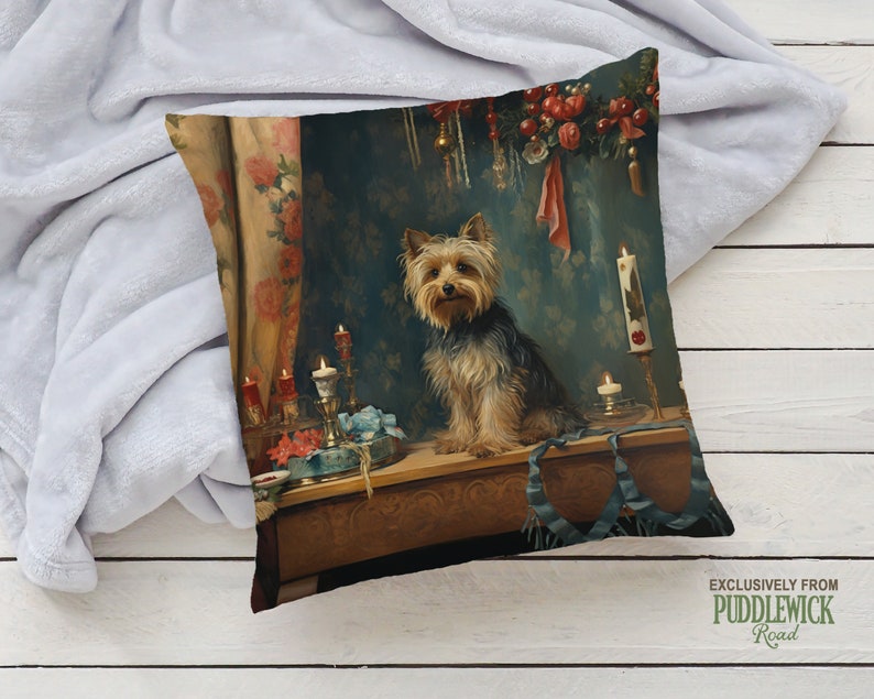 Heirloom Yorkie Pillow, Renaissance Charm, Deep Emerald and Gold, Yorkshire Terrier Lover Gift, PR0606, Insert Included image 4