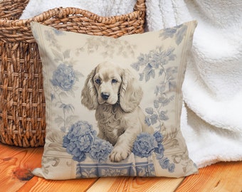 Cocker Spaniel Floral Pillow | Vintage Shabby Chic French Toile | Blue Beige | Cocker Spaniel Lover Gift #PR0363, Insert Included