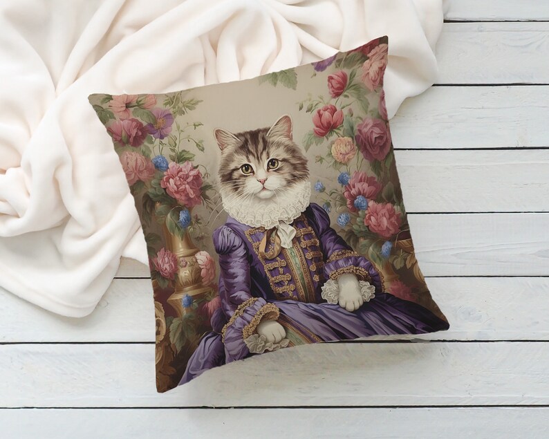 Regal Cat in Purple Dress Pillow Pink Blue Green Floral Baroque French Toile, Shabby Chic & Traditional Home Decor, PR0092, Insert Included image 5