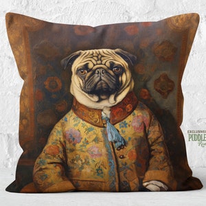 Bohemian Pug Pillow, Artisanal Tapestry in Earth Tones, Pug Lover Gift, Insert Included, #PR0739