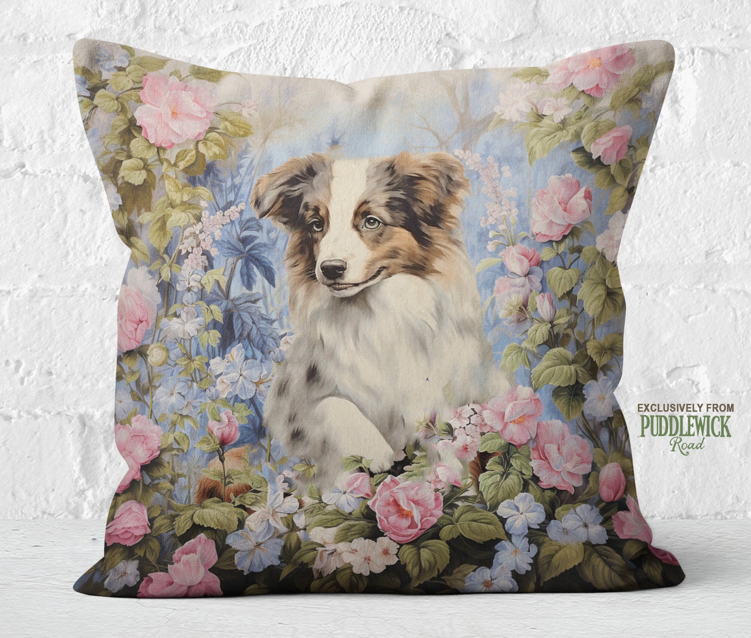 Floral Australian Shepherd Pillow: Cream, Blue Rose Accent