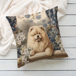 Cream Chow Chow Pillow Vintage Floral Cushion Fluffy Dog Throw Pillow, Chow Lover Gift, PR0343, Insert Included image 3