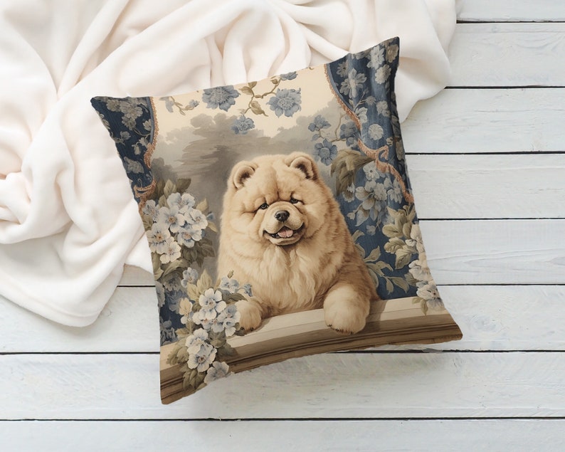 Cream Chow Chow Pillow Vintage Floral Cushion Fluffy Dog Throw Pillow, Chow Lover Gift, PR0343, Insert Included image 3