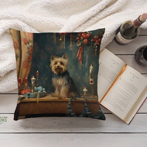 Heirloom Yorkie Pillow, Renaissance Charm, Deep Emerald and Gold, Yorkshire Terrier Lover Gift, PR0606, Insert Included image 5