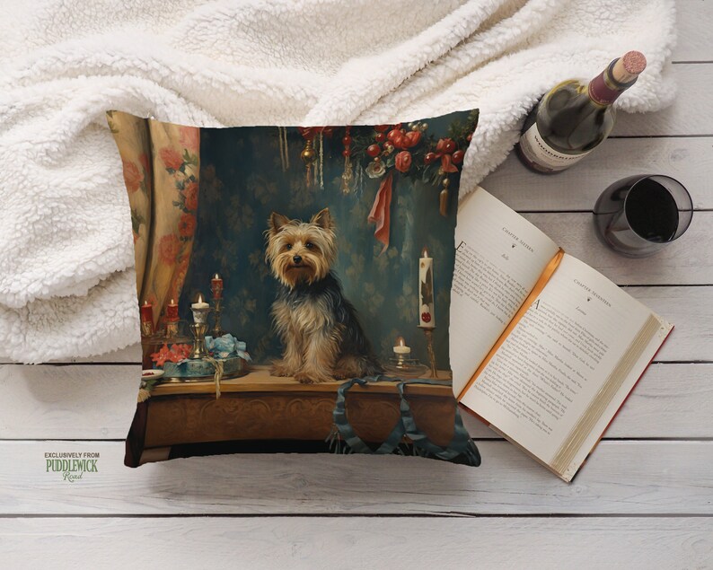 Heirloom Yorkie Pillow, Renaissance Charm, Deep Emerald and Gold, Yorkshire Terrier Lover Gift, PR0606, Insert Included image 5