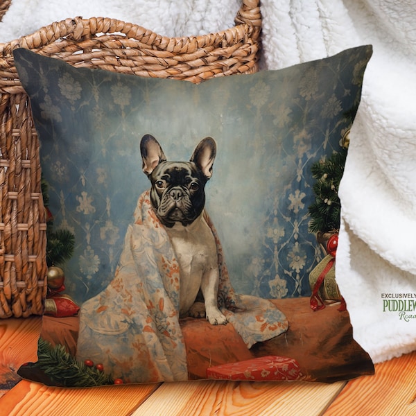 Coussin bouledogue Baron, style country français floral vintage, bleu orange, cadeau pour amoureux de Frenchie, # PR0629, insert inclus