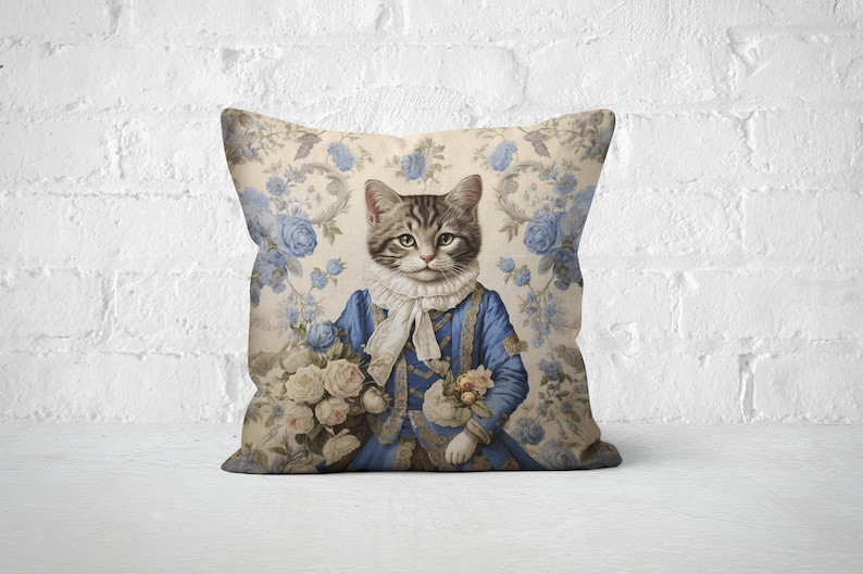 Princess Cat Pillow: Blue Baroque Floral Faux Suede, Cat Lover Gift image 1