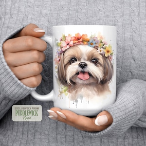 Shih Tzu Floral Mug, Dog Mug, Coffee Mug, Coffee Cup, Shih Tzu Mom Gift, PRM0048, Shih Tzu Lover Gift