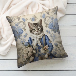 Princess Cat Pillow: Blue Baroque Floral Faux Suede, Cat Lover Gift image 4