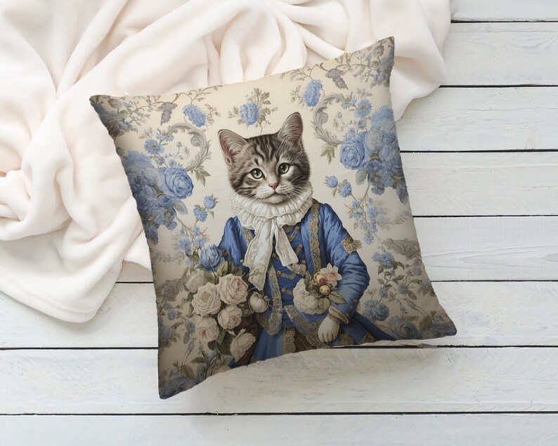 Princess Cat Pillow: Blue Baroque Floral Faux Suede, Cat Lover Gift image 4