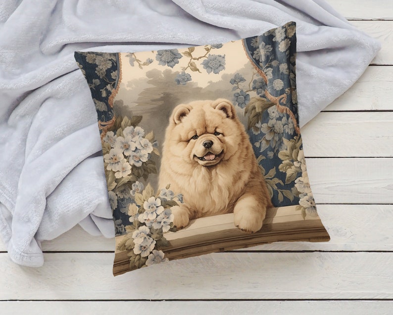 Cream Chow Chow Pillow Vintage Floral Cushion Fluffy Dog Throw Pillow, Chow Lover Gift, PR0343, Insert Included image 5