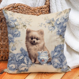 Pomeranian Teatime Pillow | Blue Floral Vintage Décor Cream Background | Pompom Lover Gift, #PR0358, Insert Included