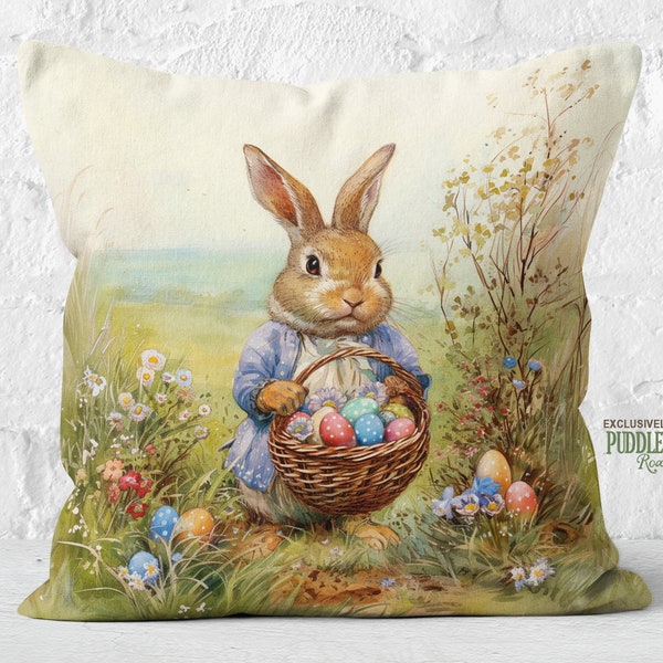 Easter Pillow - Bunny Meadow Collector Pillow, Easter Gift Countryside Rabbit, Pastel Egg Basket Accent, #PR0991, Insert Included