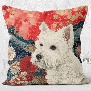 Westie Whisper Pillow Art Deco Bohemian Rustic Red Blue, West Highland White Terrier Lover Gift, #PR0781, Insert Included