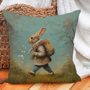 Easter Bunny Pillow - Harvest Hopper Pillow, Easter Bunny Basket Gift, Teal Olive Mustard, Scandinavian Rustic, #PR1181, Insert Included