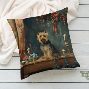 Heirloom Yorkie Pillow, Renaissance Charm, Deep Emerald and Gold, Yorkshire Terrier Lover Gift, PR0606, Insert Included image 2