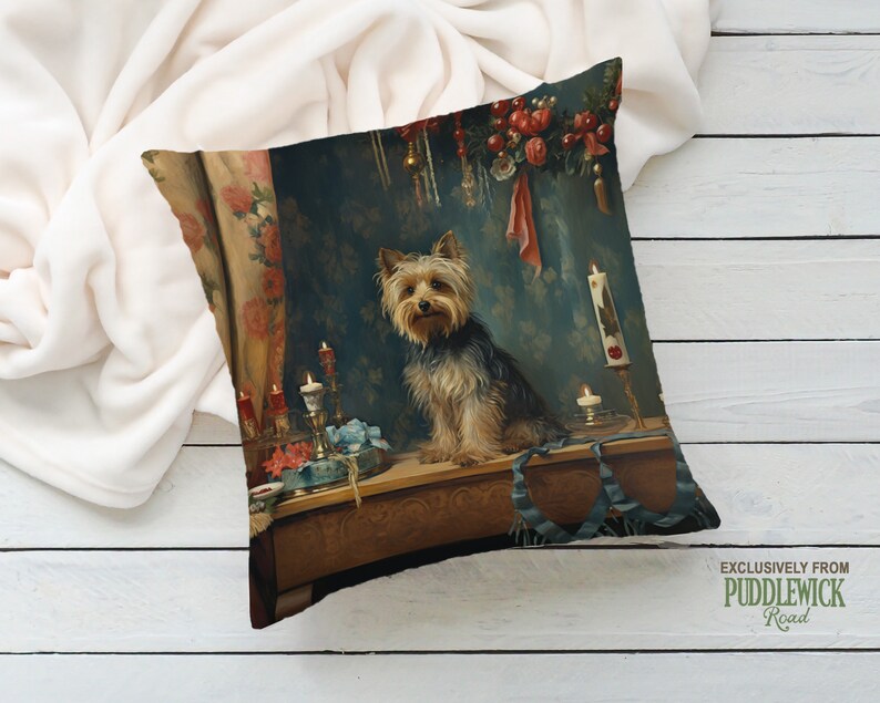 Heirloom Yorkie Pillow, Renaissance Charm, Deep Emerald and Gold, Yorkshire Terrier Lover Gift, PR0606, Insert Included image 2