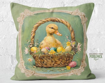 Easter Basket Gift - Nestling Duckling Pillow, Spring Green Easter Egg Cushion, Vintage-Inspired Easter Duck Gift, #PR1150, Insert Included