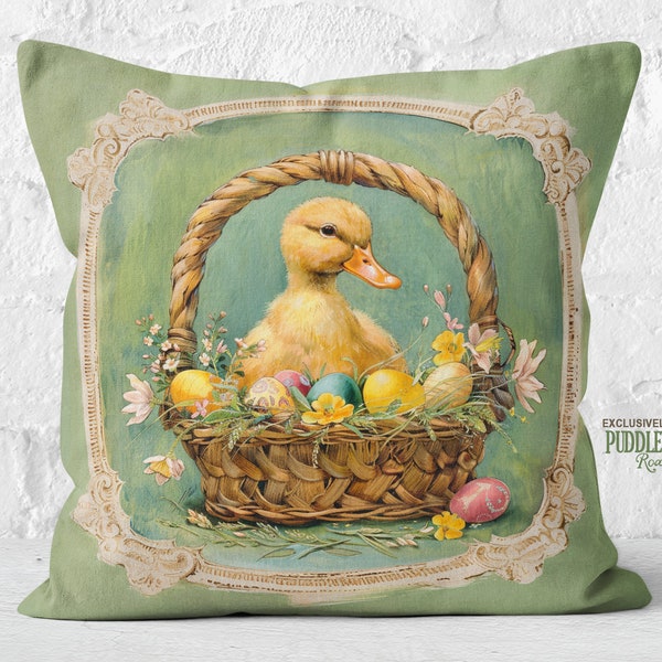 Easter Basket Gift - Nestling Duckling Pillow, Spring Green Easter Egg Cushion, Vintage-Inspired Easter Duck Gift, #PR1150, Insert Included