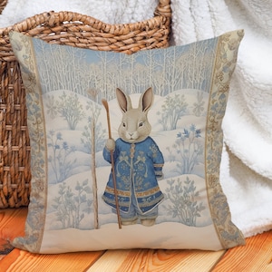 Wise Bunny Pillow Traditional Winter Blue, Harmonious Blue and White Palette, Vintage Rabbit Charm, #PR0130, Insert Included