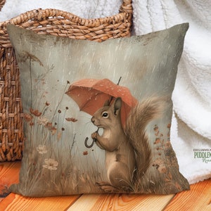 Autumn Umbrella Squirrel Pillow, Cozy Cottagecore Warm Tones Cushion Living Room Bedroom, Nature Lover Gift, PR1204, Insert Not Included image 1