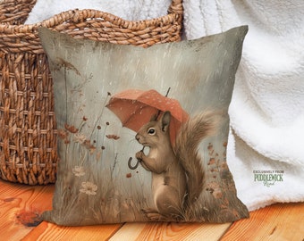 Autumn Umbrella Squirrel Pillow, Cozy Cottagecore Warm Tones Cushion Living Room Bedroom, Nature Lover Gift, #PR1204, Insert Not Included