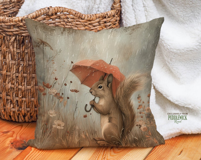 Autumn Umbrella Squirrel Pillow, Cozy Cottagecore Warm Tones Cushion Living Room Bedroom, Nature Lover Gift, PR1204, Insert Not Included image 1