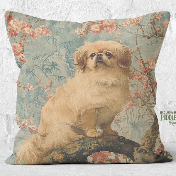 Serene Sentinel Pekingese Pillow, Spring Blossom in Celadon & Coral, Pekingese Lover Gift, Insert Included, #PR0744