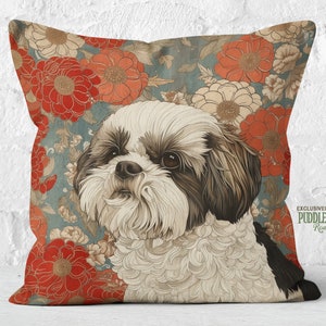 Shih Tzu Bloom Pillow Rustic Charm Floral Teal Red, Shih Tzu Mom Gift, #PR0796, Insert Included