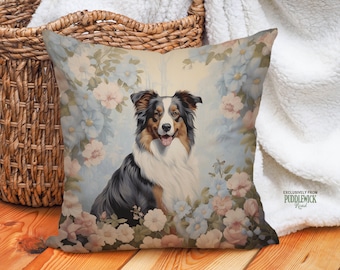 Black Tri Australian Shepherd Pillow, French Floral Pastel Decor, Aussie Lover Gift, #PR0539, Insert Included