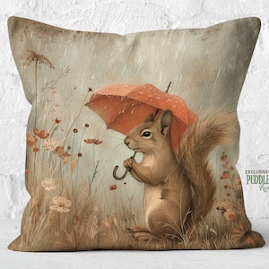 Whimsical Squirrel Rainy Day Pillow, Squirrel Cushion, Cottagecore Charm, Terra Cotta Mist, Nature Lover Gift, #PR0943, Insert Included