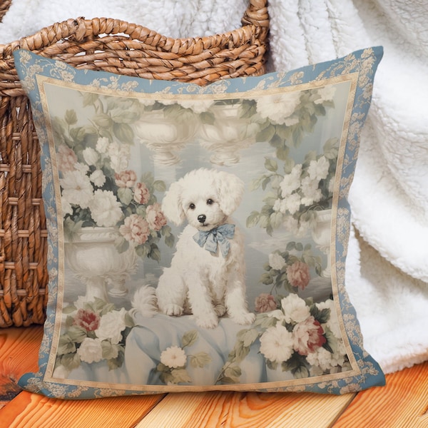 Bichon Frise Blumenkissen: Vintage Cottagecore Kissen aus Wildlederimitat