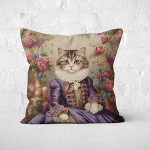 Regal Cat in Purple Dress Pillow Pink Blue Green Floral Baroque French Toile, Shabby Chic & Traditional Home Decor, PR0092, Insert Included image 3