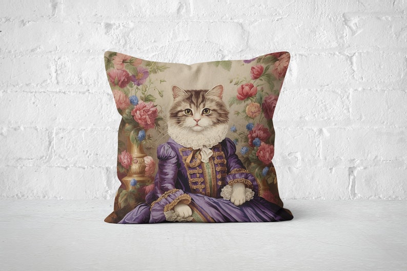 Regal Cat in Purple Dress Pillow Pink Blue Green Floral Baroque French Toile, Shabby Chic & Traditional Home Decor, PR0092, Insert Included image 3