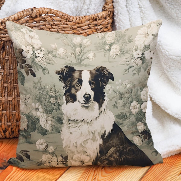 Border Collie Floral Pillow - Vintage Rustic Cream Green - Border Collie Lover Gift, #PR0368, Insert Included